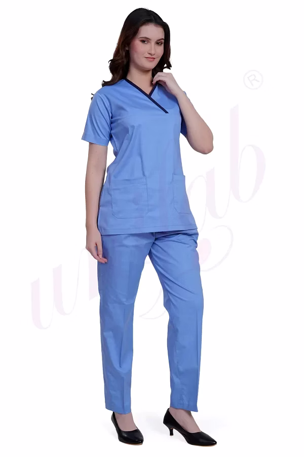 unifab medical scrub manufacturer | medical scrub female ceil blue with navy trim for bulk b2b supply