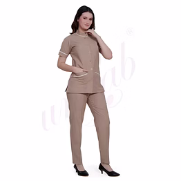 unifab housekeeping uniform manufacturer | housekeeping female set beige with off white trim for bulk b2b supply