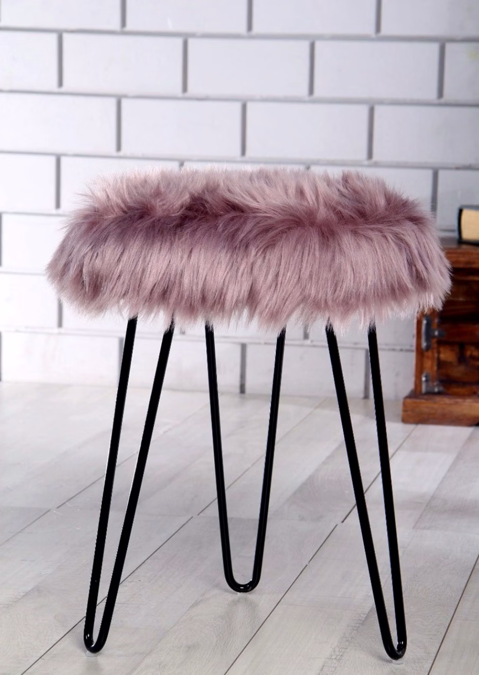Lilac Fur Metal Stool- Black Legs image 1