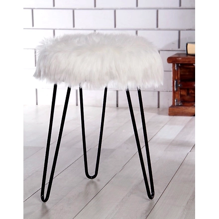 White Fur Metal Stool- Black Legs-WhiteFur