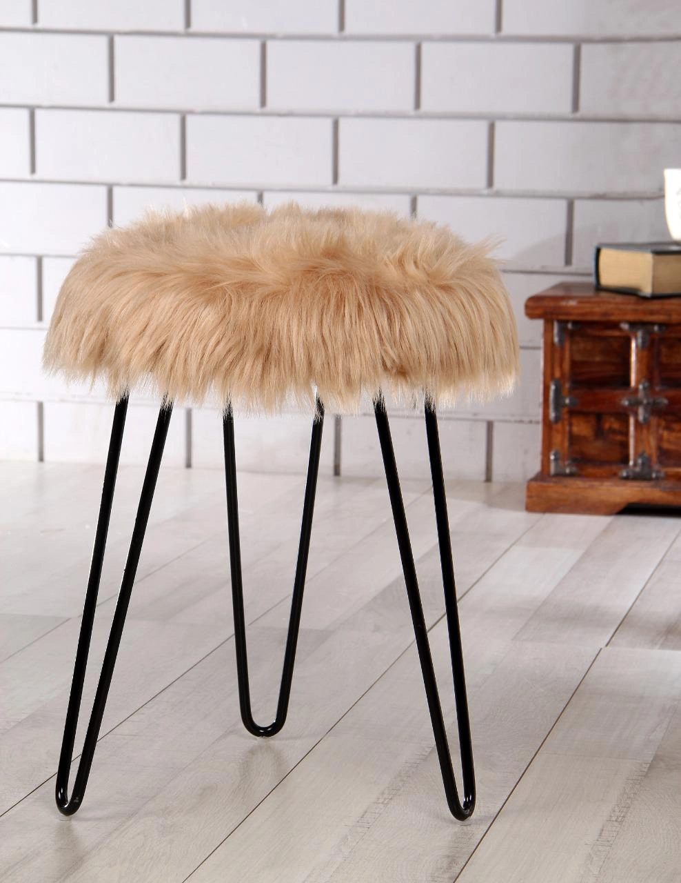 Beige Fur Metal Stool-BeigeFur