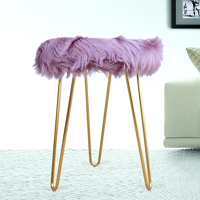 Lilac Fur Metal Stool- Gold Legs