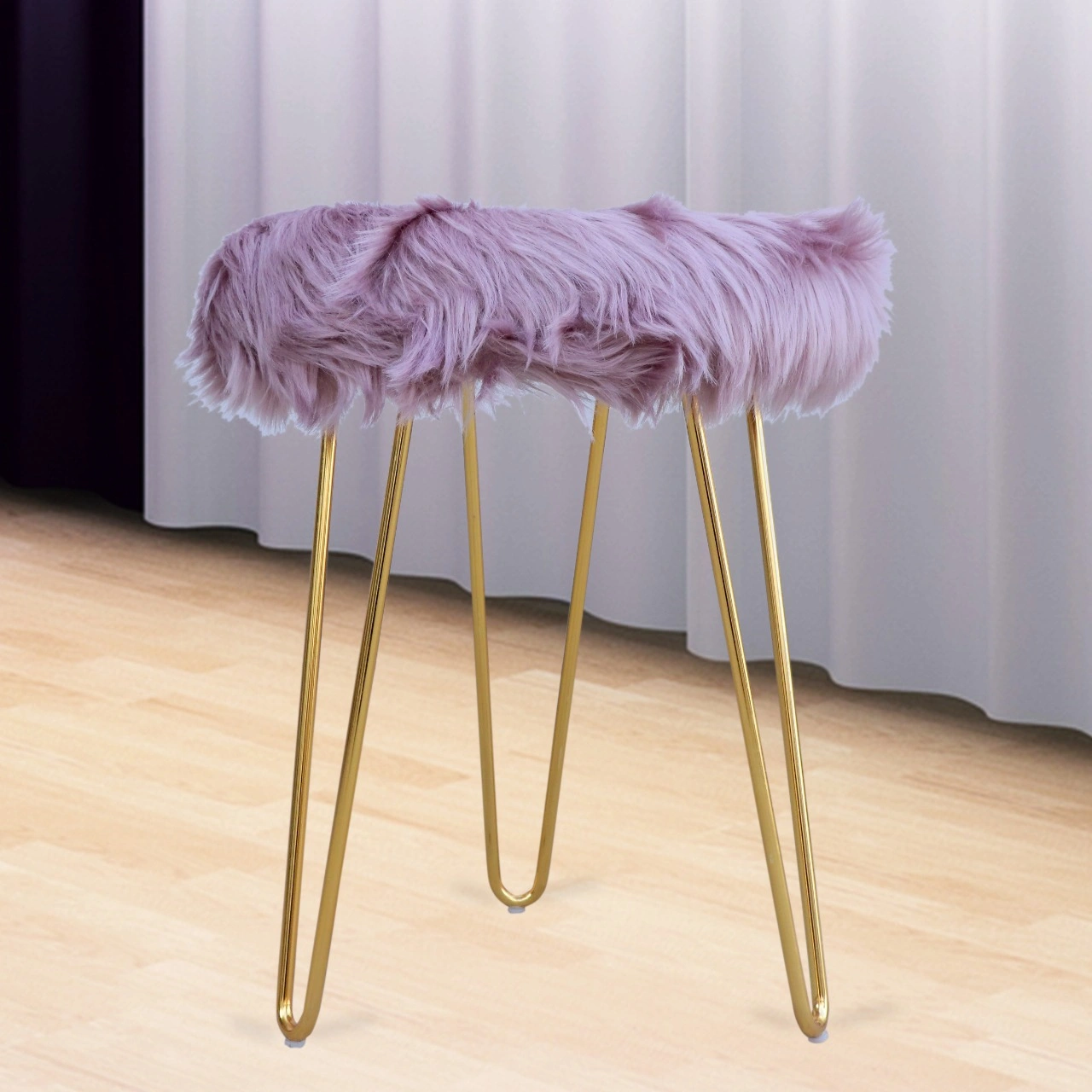 Lilac Fur Metal Stool- Gold Legs-1