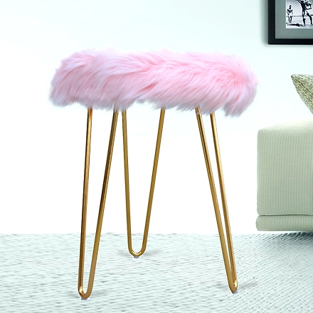 Pastel Pink Fur Metal Stool-HOA_166