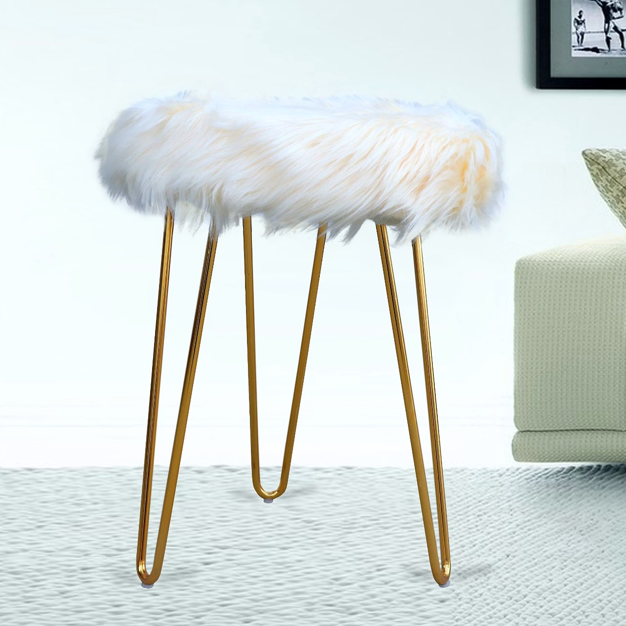 Off White Fur Metal Stool image 1