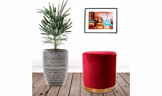 Red Velvet Wooden Sitting Ottoman