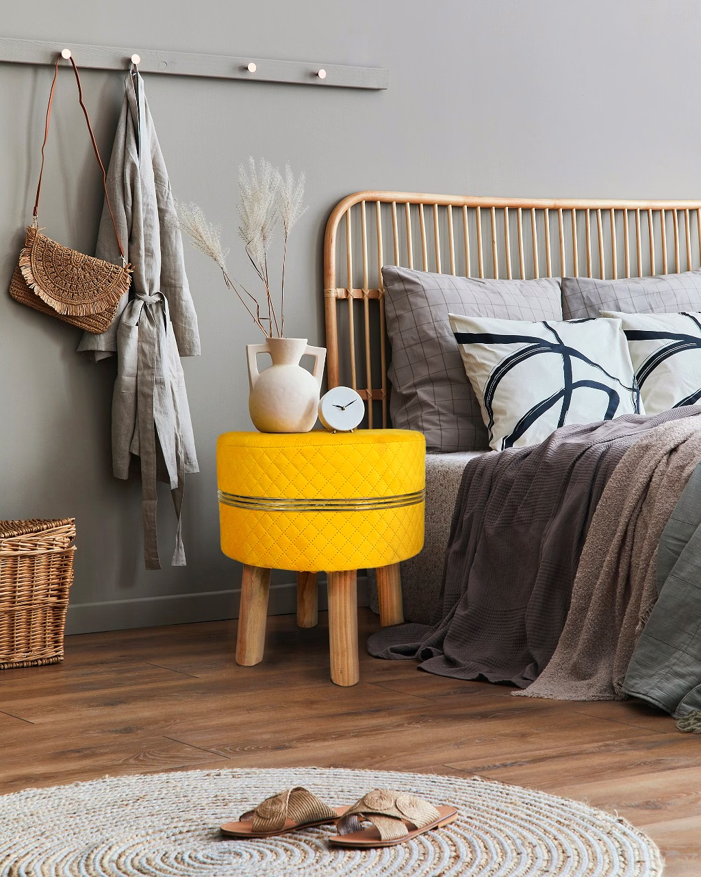 Yellow Strip Wooden Sitting Foot Stool for Living Room image 6