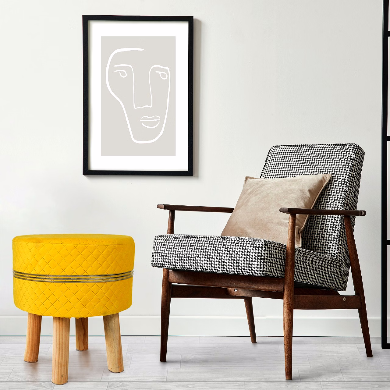 Yellow Strip Wooden Sitting Foot Stool for Living Room image 5