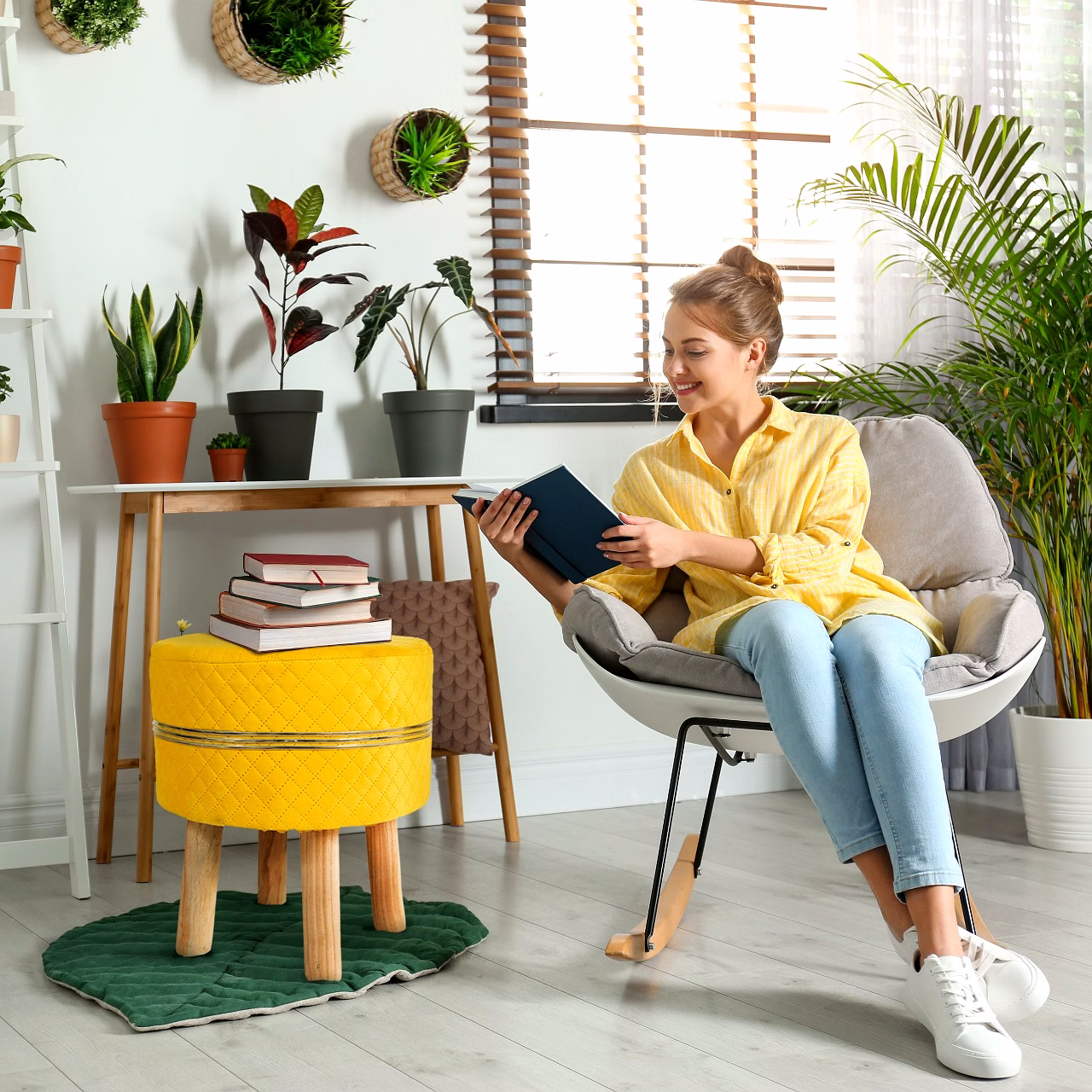Yellow Strip Wooden Sitting Foot Stool for Living Room image 3