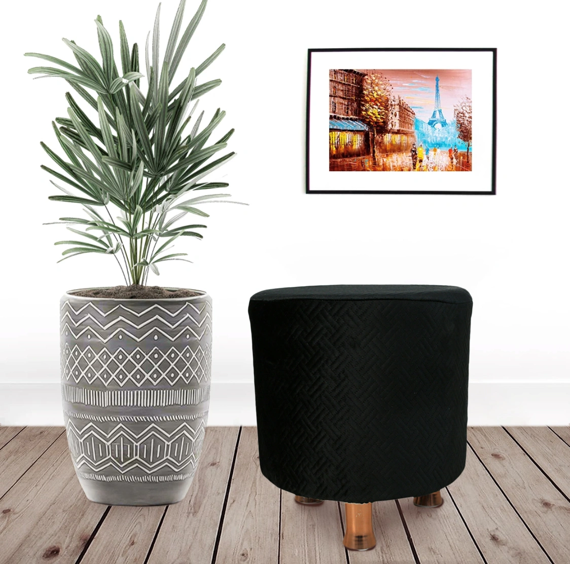 Black Velvet Sitting Ottoman with Rose Gold Legs-1