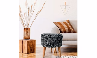 Black White Fur Wooden Sitting Stool