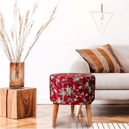 Red Printed Flowers Wooden Sitting | Foot Stool-1