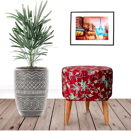 Red Printed Flowers Wooden Sitting | Foot Stool-RedFlowerWoodStool