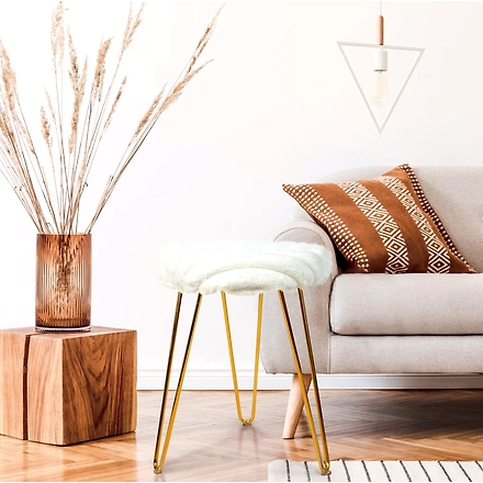 White Rapid Fur Gold Stool for Dressing room, Footrest, Seating-WhiteRapidFurGoldStools