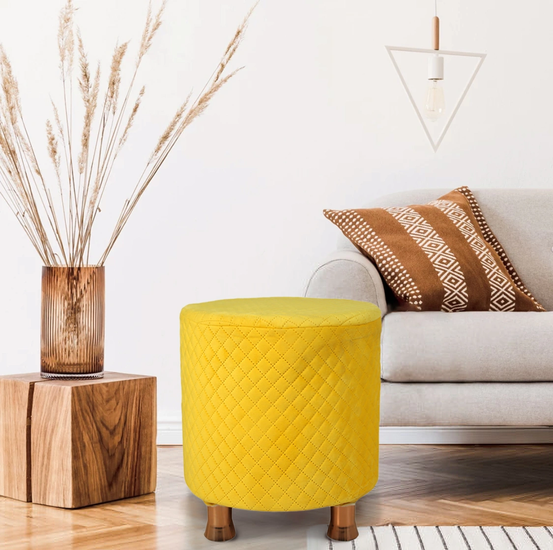 Dark Yellow Velvet Sitting Ottoman with Rose Gold Legs-YellowLoungeWithLegs