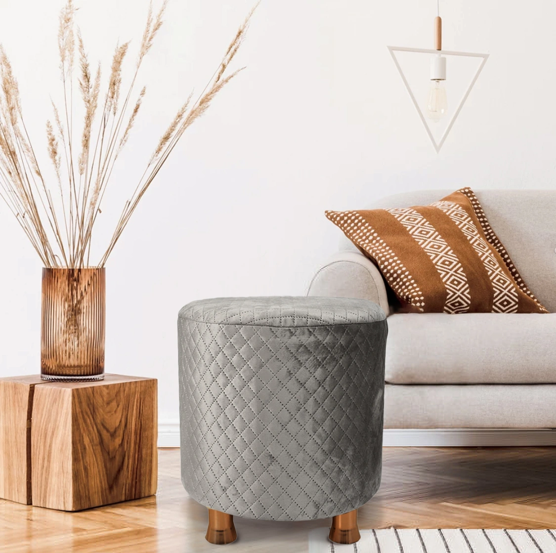 Grey Velvet Sitting Ottoman with Rose Gold Legs-GreyLoungeWithLegs