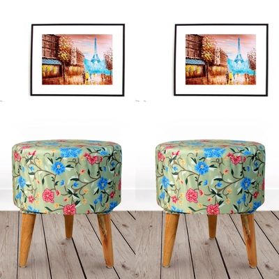 Mint Green Printed Wooden Sitting| Foot Stool (Set of 2)