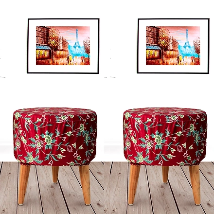 Red Printed Flowers Wooden Sitting | Foot Stool-(Set of 2)-REDFLOWERWOODSTOOL-2