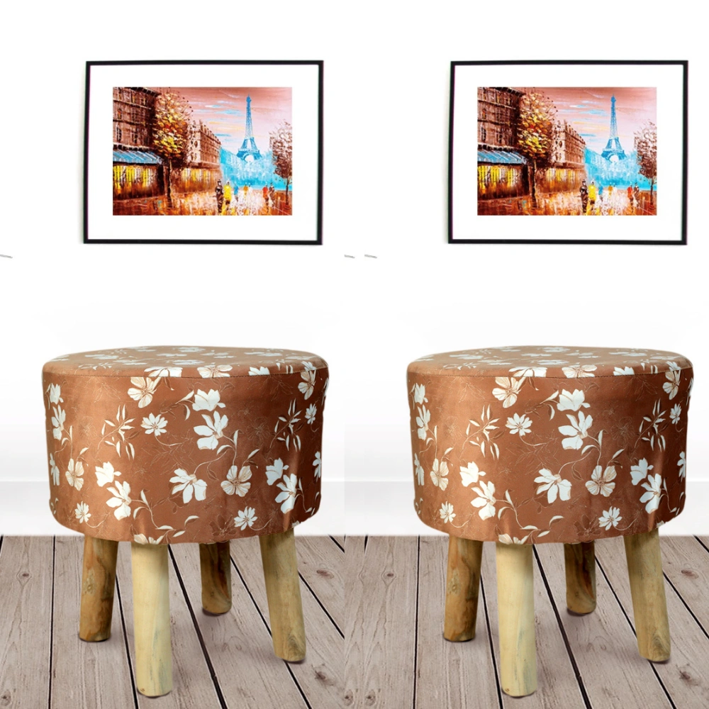 Light brown Printed Wooden Foot Stool-(Set of 2)-BROWNWHITESTOOL-2