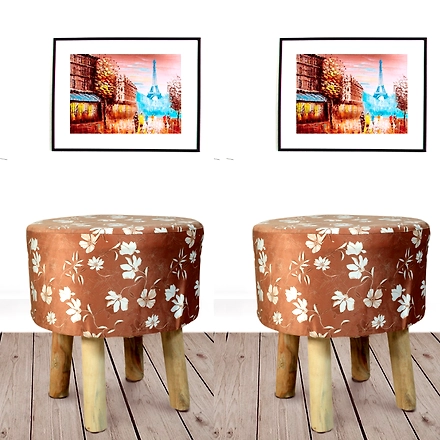 Light brown Printed Wooden Foot Stool-(Set of 2)-BROWNWHITESTOOL-2