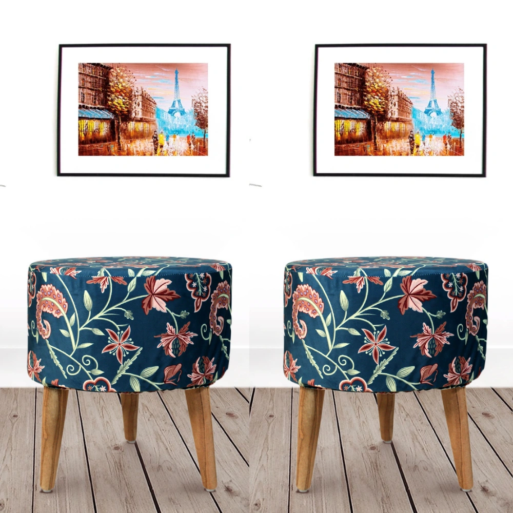 Blue Red Printed Wooden Foot Stool-(Set of 2)-GREENWHITESTOOL-2