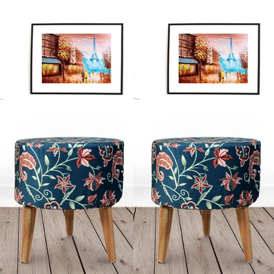 Blue Red Printed Wooden Foot Stool-(Set of 2)