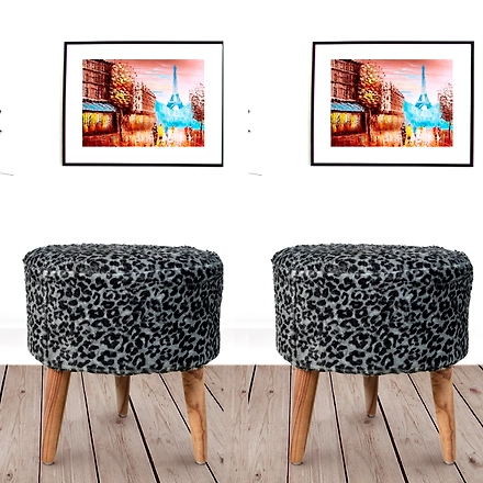 Black White Fur Wooden Sitting Stool-(Set of 2)-BLACKWHITEFURWOODSTOOL-2
