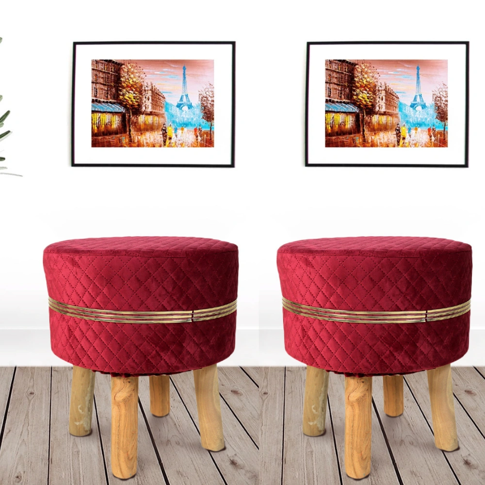 Red Strip Wooden Stool for Living Room (Set of 2)-REDSTRIPWOODENSTOOL-2