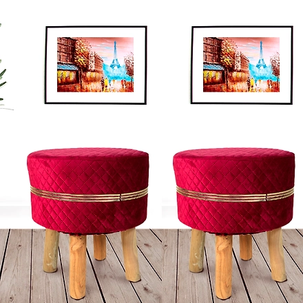 Red Strip Wooden Stool for Living Room (Set of 2)-REDSTRIPWOODENSTOOL-2