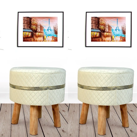 White Striped Wooden Foot | Sitting Stool for Living Room (Set of 2)-WHITESTRIPWOODENSTOOL-2