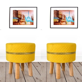 Yellow Strip Wooden Sitting Foot Stool for Living Room (Set of 2)