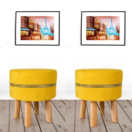 Yellow Strip Wooden Sitting Foot Stool for Living Room (Set of 2)-YELLOWSTRIPSTOOL-2