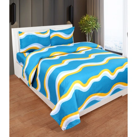 Blue Yellow Cotton Glace Double Bedsheet with 2 Pillow Cover-Single Bed-1