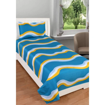 Blue Yellow Cotton Glace Double Bedsheet with 2 Pillow Cover-257