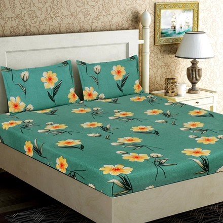 Green Flower Bedsheet Glace Cotton with 2 Pillow Cover-1