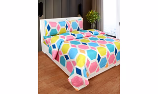 Pink Blue Hexagon Glace Cotton Bedsheet with 2 Pillow Cover