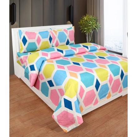 Pink Blue Hexagon Glace Cotton Bedsheet with 2 Pillow Cover-Double Bed-1