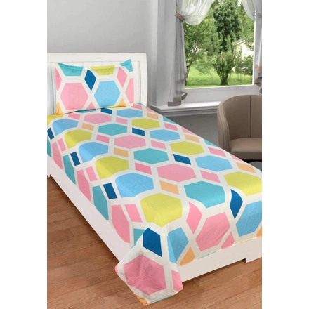 Pink Blue Hexagon Glace Cotton Bedsheet with 2 Pillow Cover-M366Hexagon-2