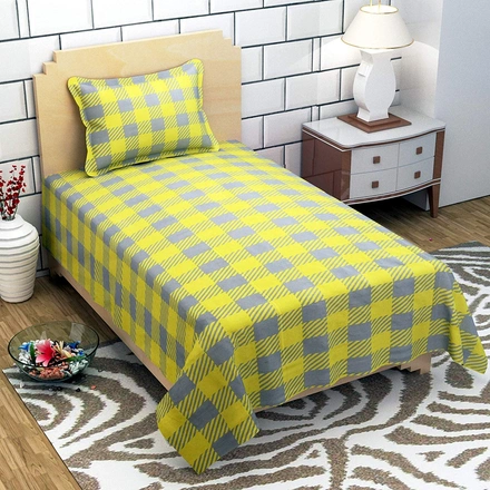 Yellow Grey Double Bed Glace Cotton Bedsheet with 2 Pillow Cover-M223YellowBox