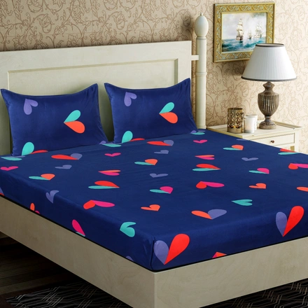 Blue Heart Double Bed Glace Cotton Bedsheet with 2 Pillow Cover-Single Bed-2