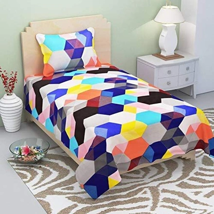 Blue Orange Hexagon Double Bed Cotton Bedsheet with 2 Pillow Cover-M235OrangeHexagon