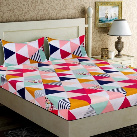 Pink Triangle Double Bed Glace Cotton Bedsheet with 2 Pillow Cover-Double Bed-2