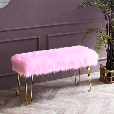 Pink Faux Fur Bench- Metal-PinkFurBench