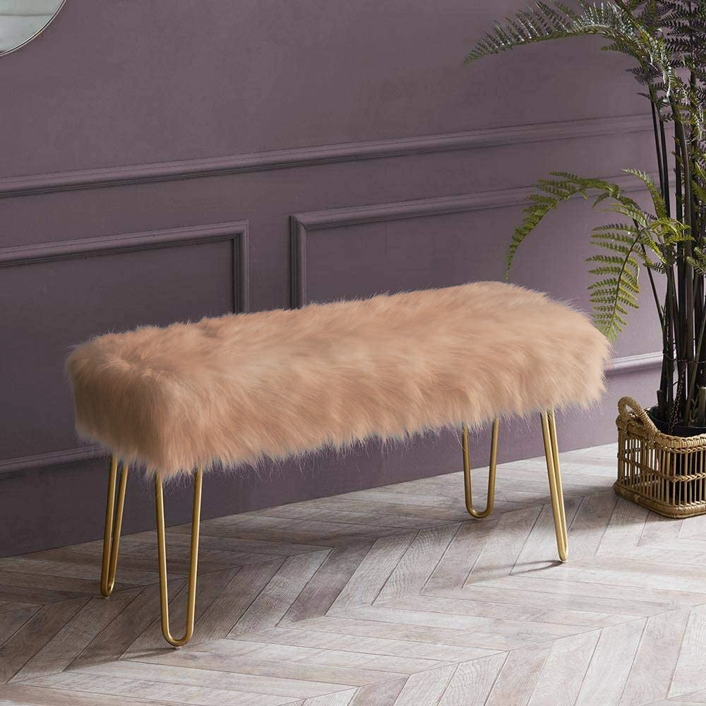 Beige Faux Fur Bench- Metal-BeigeFauxFurBranch