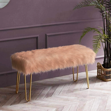 Beige Faux Fur Bench- Metal-BeigeFauxFurBranch
