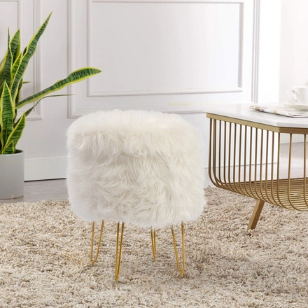 White Fur Metal Ottoman for Living Room-WhiteFurBigOttoman