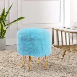 Blue Fur Ottoman for Living Room
