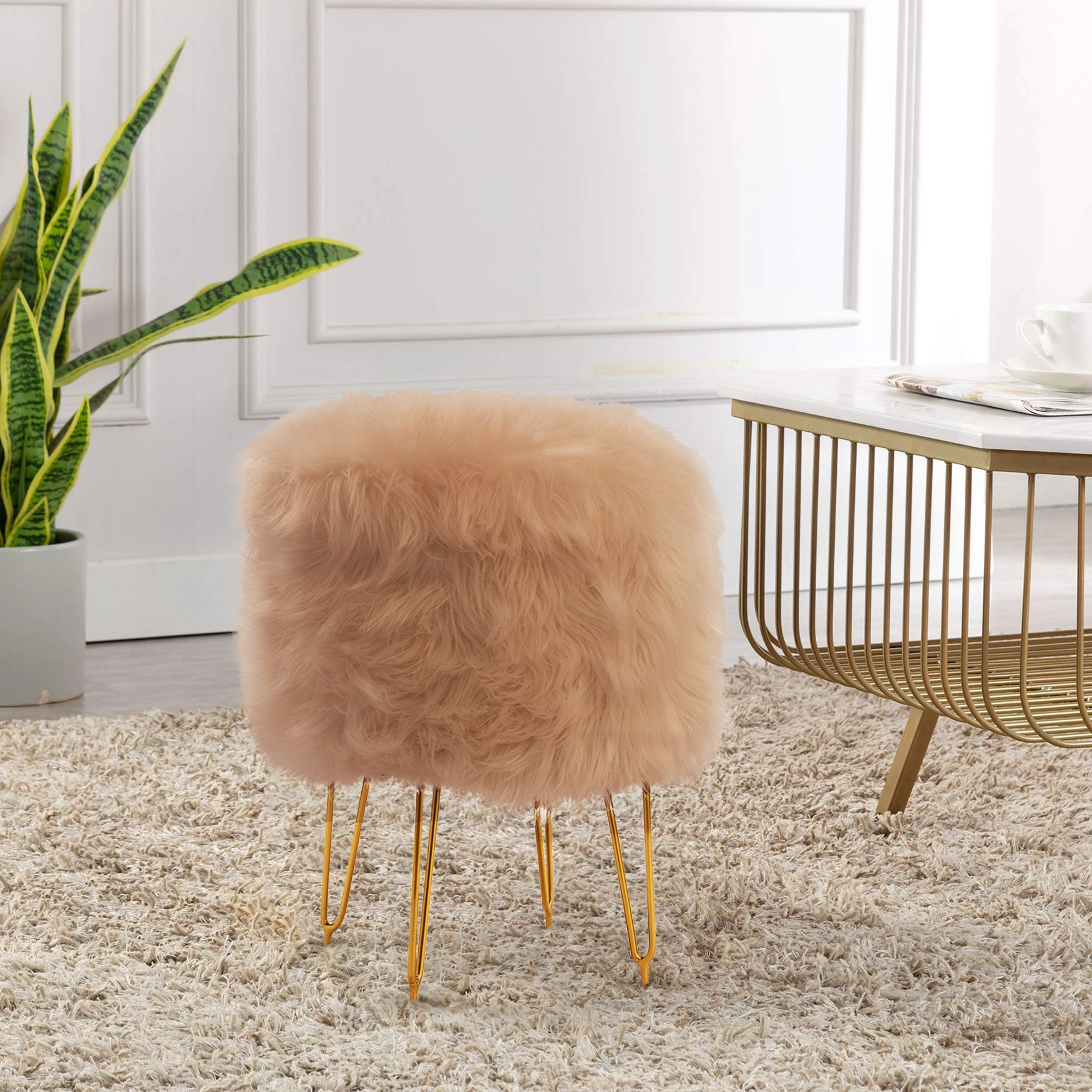 Beige Fur Ottoman for Living Room-BeigeFurOttomanBig