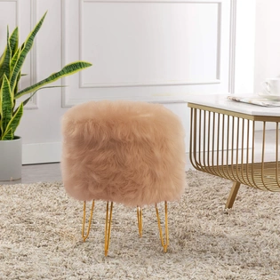 Beige Fur Ottoman for Living Room