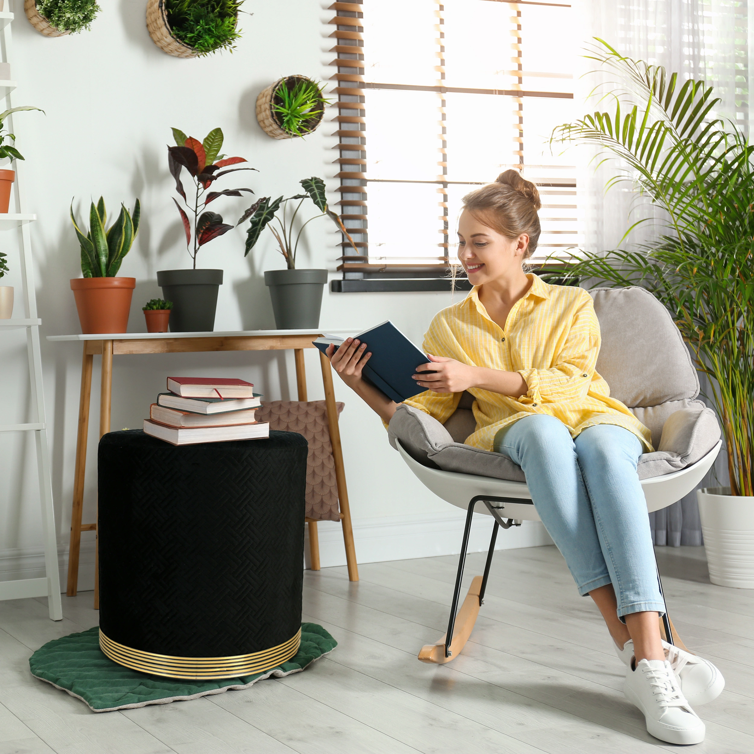 Black Velvet Wooden Sitting Ottoman-1